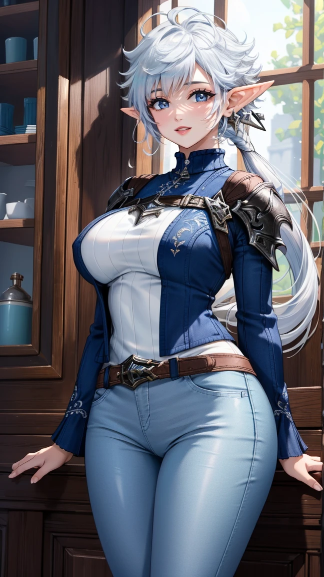 (masterpiece:1.2, best quality), (intricate details), alisaie, (alisaie leveilleur (final fantasy)), 1girl, elf ears, denim pants, sweater, realism, Detailed, intricate, sharp focus, Ultra-detailed, detailed pupils, puffy lips, skindentation, (intricate detail), (Soft Lighting), Charming smile, white hair, aged up, older, (mature), (large breasts), nice hips, wide thighs, (hourglass figure), adult, long hair, (milf),