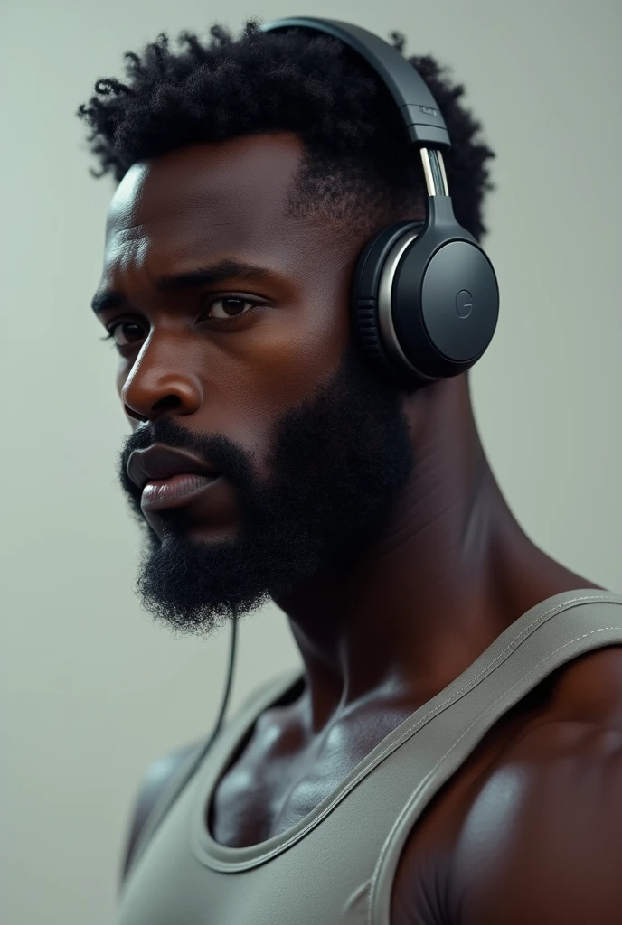 Dark-skinned man with medium pectorals ,without clothes and with headphones 
