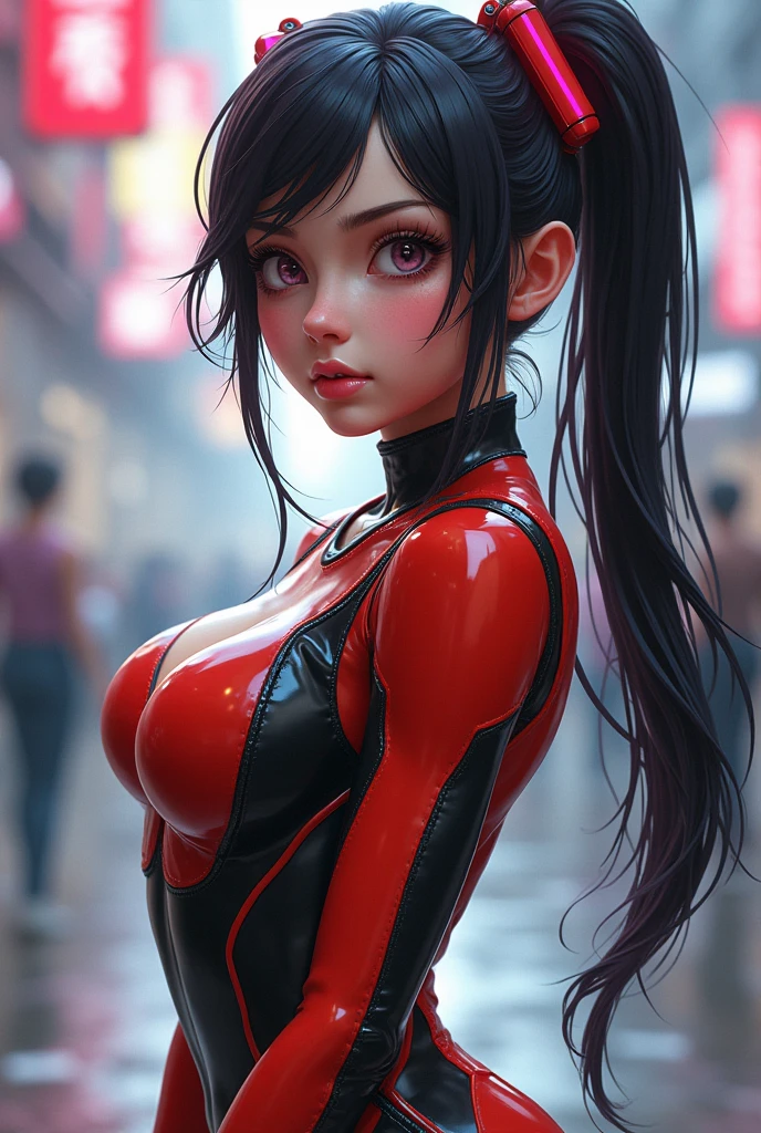 Masterpiece, anime realistic art, dynamic angle, slender toned build, pale skin, silver skin, robot girl,ponytail , bangs,black hair, shiny detailed eyes, tight red leather  , impossible bodysuit,assasin,rainy street, asphalt, white back light, night ,wet, looking at viewer 