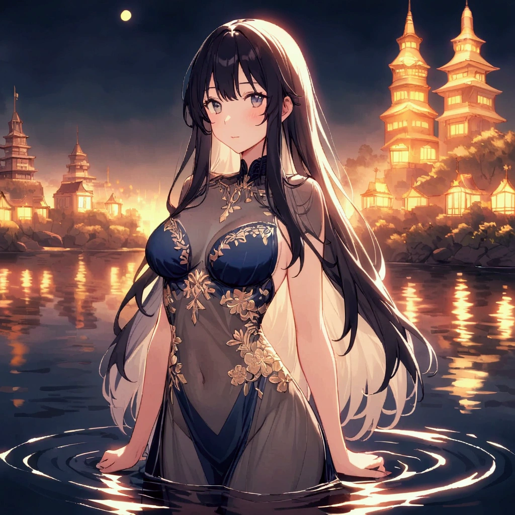 (woman, cute, age 30, long hair, sheer gown no underwear, intricate arcane embroidery) wanders by the coast outside a bright, golden fantasy city, reflected in the water, moonless night
