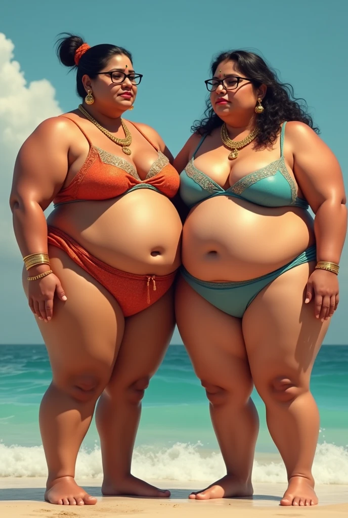 Two women are obese with lots of belly fat, like Tess Holliday, they are plus size models with beautiful faces, they are wearing colorful bikinis and humping each other's bellies, they are obese Brazilian sumo wrestlers with very large bellies, they are distended and covered with a lot of fat, they have nicely hanging bellies and only one navel dimple, they are swimming in the ocean on a tropical beach, 4K quality, low angle