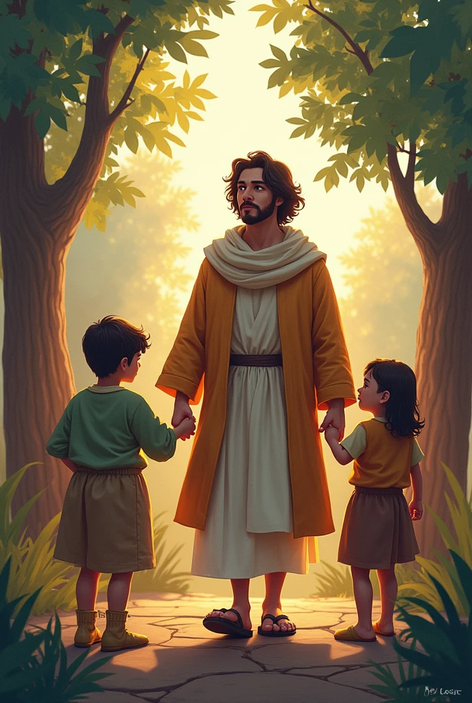 José de Calasanz walking in the footsteps of Jesus with children around