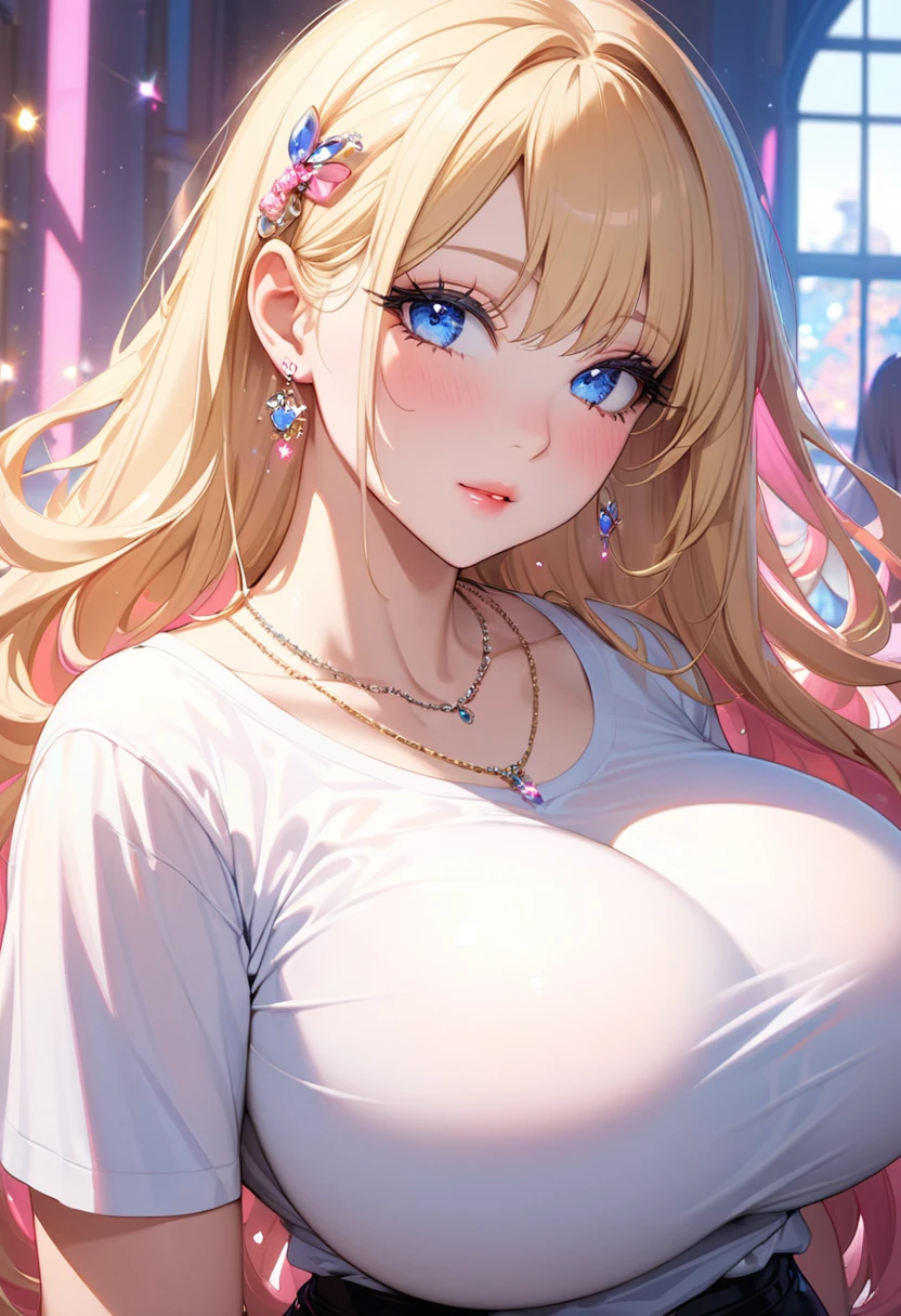 (( best quality)), ((masterpiece)), (details), Miss, alone, ( big breasts , blond, blue eyes, ((Very long hair)), curve, Big , huge breasts , thigh, beautiful face , beautiful skin , Long eyelashes, Thick eyelashes), Vivid colors, pink freckles, soft lighting, Dreamy atmosphere, high school, Hairpin, earrings, A necklace ,t-shirt, black metallic pants, huge breasts :5.0