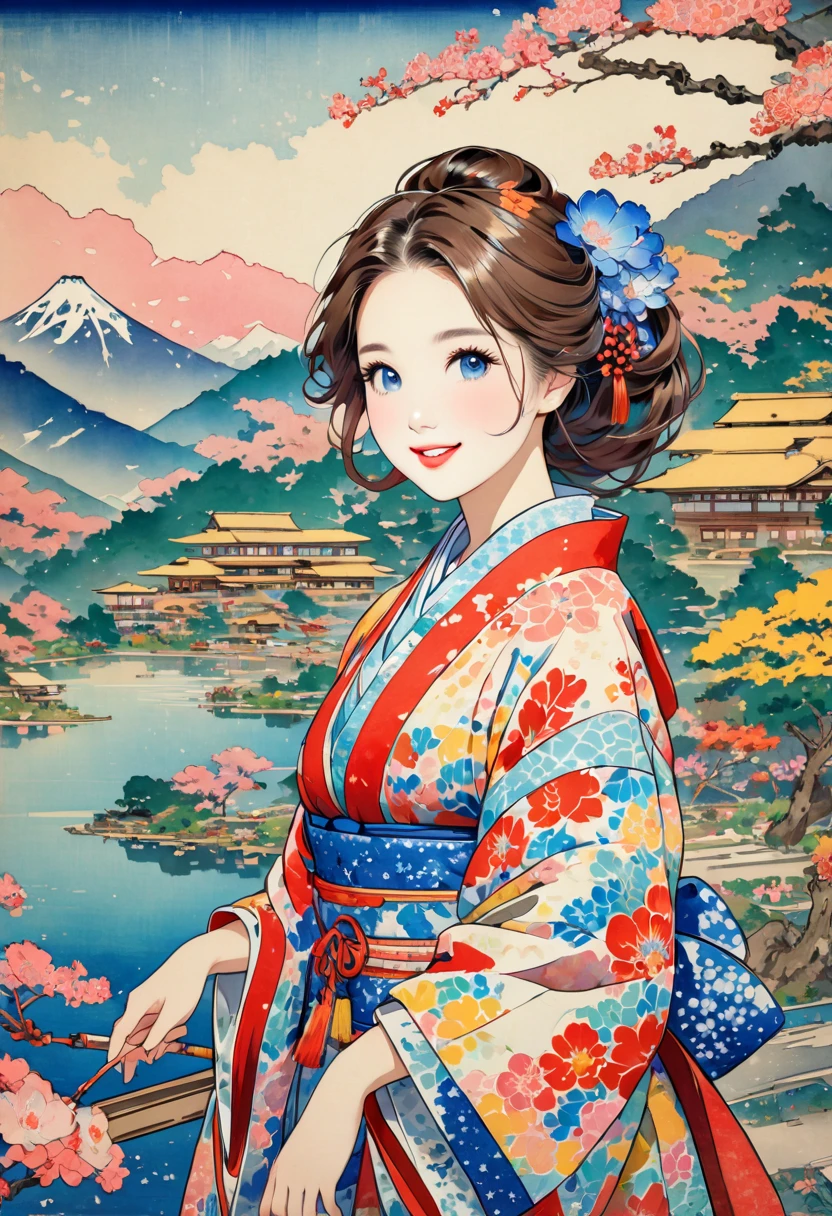 ( best quality, masterpiece,  high definition , 8k),  Young and Beautiful Women ,  cute face,  colorful kimono with bright patterns that reveal the chest, Mid-chest,  beautiful smiling woman ,  beautiful brown eyes ,  Pretty Pink Lips , Long brown hair,  look at me and smile, Mountain, Hotel, lake, blue bird ,  birds are flying, Blue Butterfly, large pine tree branch, Colorful Ukiyo-e style illustrations,  Detailed Illustration Art , 