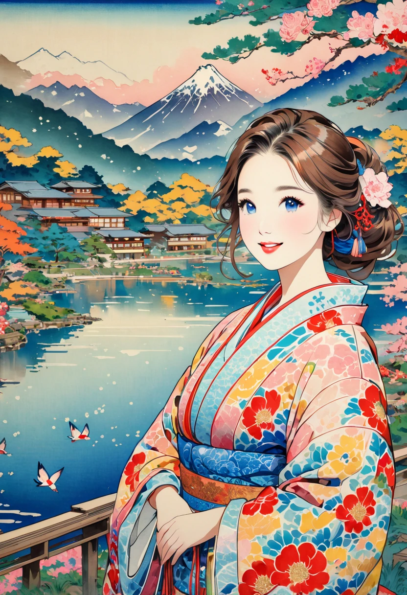 ( best quality, masterpiece,  high definition , 8k),  Young and Beautiful Women ,  cute face,  colorful kimono with bright patterns that reveal the chest, Mid-chest,  beautiful smiling woman ,  beautiful brown eyes ,  Pretty Pink Lips , Long brown hair,  look at me and smile, Mountain, Hotel, lake, blue bird ,  birds are flying, Blue Butterfly, large pine tree branch, Colorful Ukiyo-e style illustrations,  Detailed Illustration Art , 