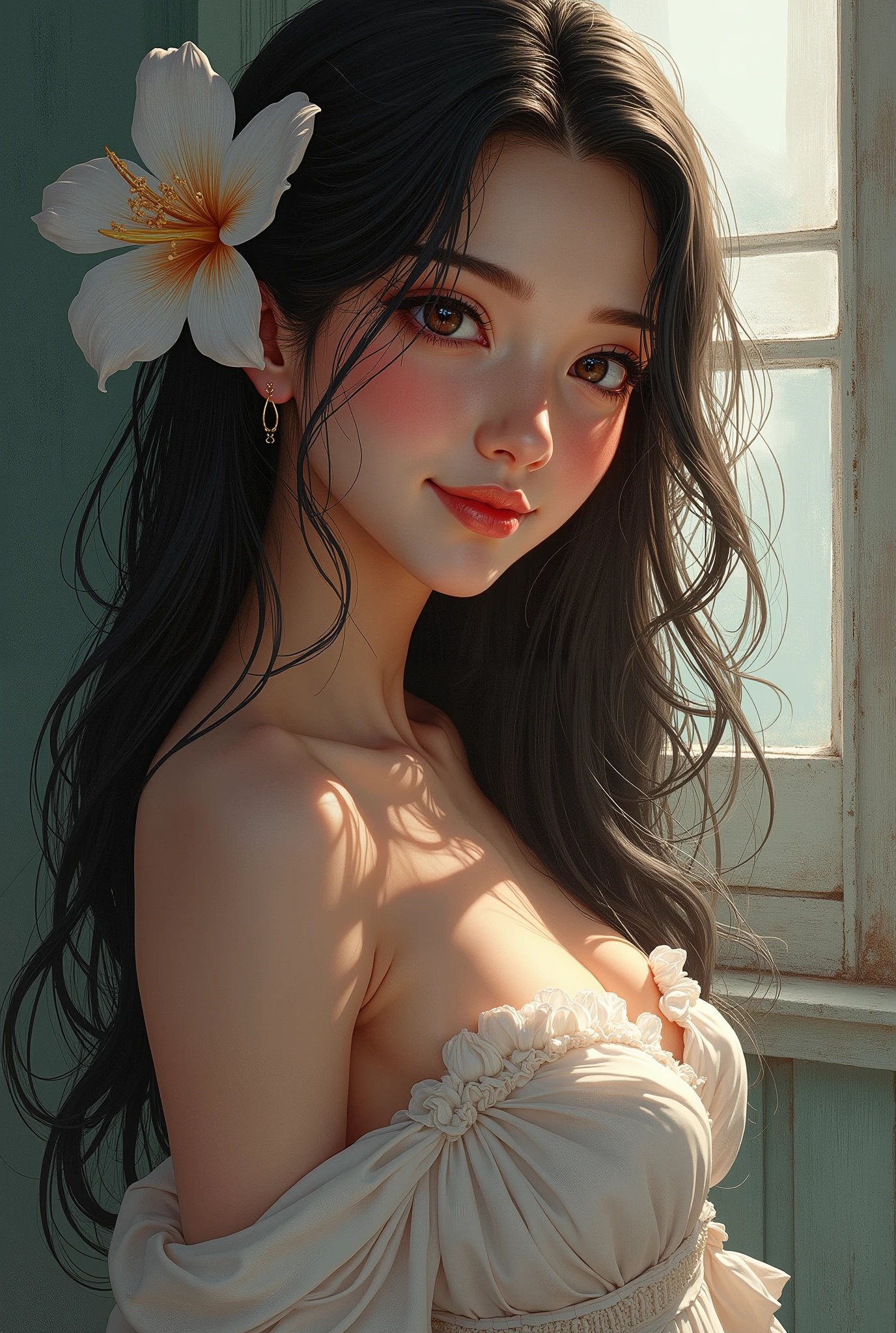 ((Create MaxZenArt!)), (Yuna), (young girl, , naked, full length, naked body, dark hair, light skin, scarlet lips, smile; black, expressive playful eyes, long eyelashes))_( (Top quality, masterpiece), (one young girl - 16 years oldl length, white hair, white skin, scarlet lips-smile; black, expressive playful eyes, long eyelashes), (black translucent - chiffon dress, gold line, very short peignoir dress, (erotica), (sexuality), (very sexy body, seductive body, small beautiful breasts, genitals), (calm relaxed pose, hair fluttering in the wind, half turned, look at the viewer, stylish girl- model))_((Digital painting, wide brush strokes, outstanding skill, oil painting), (daylight, soft warm shadows, contrasting cold light, reflexes, refraction, tracing))_((background - stunning blooming irises; ( purple, yellow, blue, white), (petals, shoots))_((Highest quality workmanship, realism, digital painting, modern brushwork, clear correct anatomy, grace, simplicity of execution))