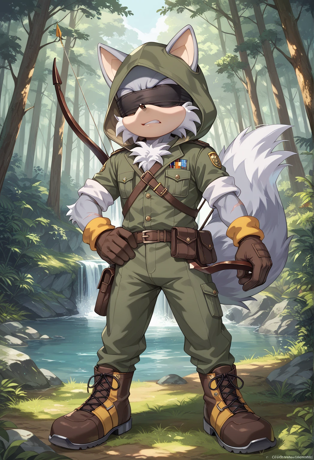 Male Wolf, ((Sonic character oc )), Male adult, ( silver fur in all body ), ( light gray inner ears ), (Alone), ( Short and messy hair ), forest, scar near the left eye that crosses the left eye diagonally, bow and quiver, con un hunter bow , Archery, wears a hood, brown gloves with cut toes and boots, yellow Eyes, Day time, ((mobian)), moebius forest, ranger clothing, (Fluffy Fur), Large Fluffy Tail, Serious poses, blindfold Over Left eye,