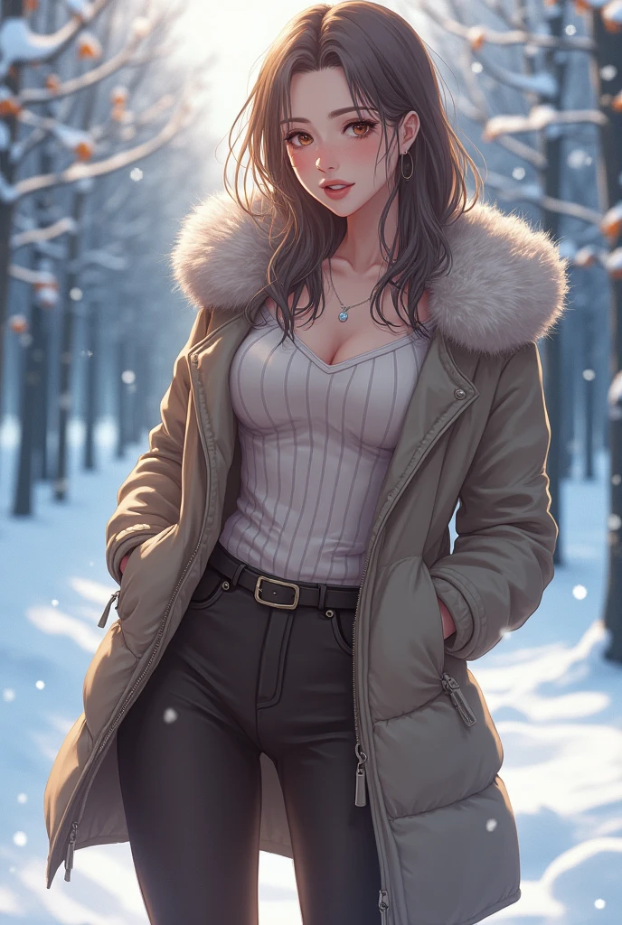 ((best quality)), ((masterpiece)), (detailed), perfect face, beautiful Japanese woman, silk tight navy blue moncler puffer coat, seductive,  aroused, mouth open, ahegao, curvy figure, ((tight puffer coat)), fur hood, silk bra, large breasts, (open coat), cleavage, thick bra straps