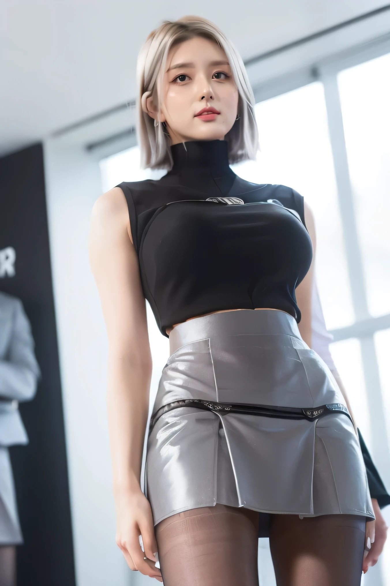  bob cut from the front,   silver-haired, (( business suit,  tight skirt,  black pantyhose:1.4)), jeans　 shorts, whole body, Bare thigh, Standing on stage, (( upside down ,  panchira )), Upskirt,((from below ))