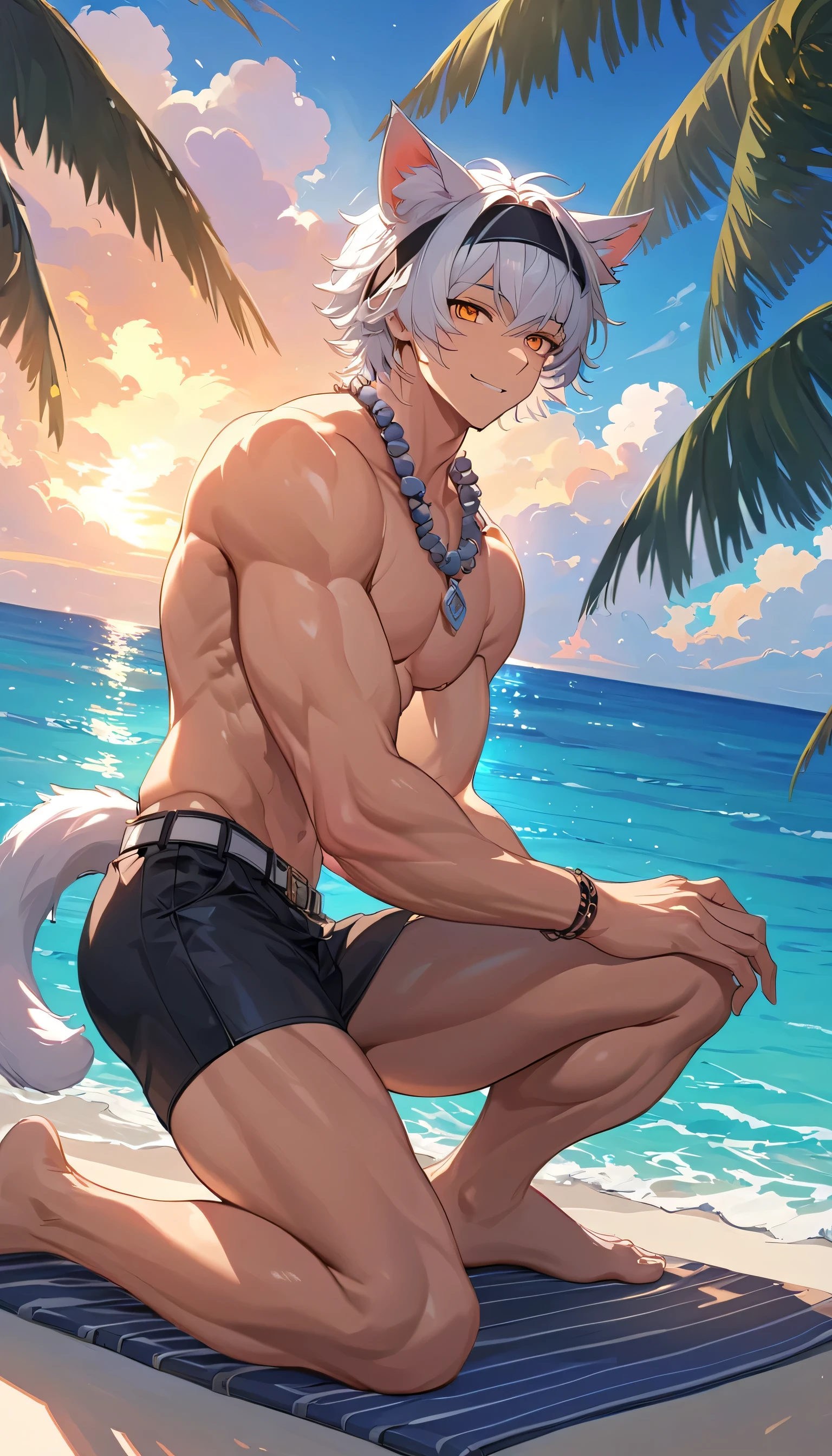 1boy, only、(Man's :2) ,Handsome boy,Long silver hair、Collar,tattooed、fullnude、starrysky 、sand beach、Back lighting、the chaos、fantastic landscape、absurderes、hightquality、masutepiece,8K,NSFW,