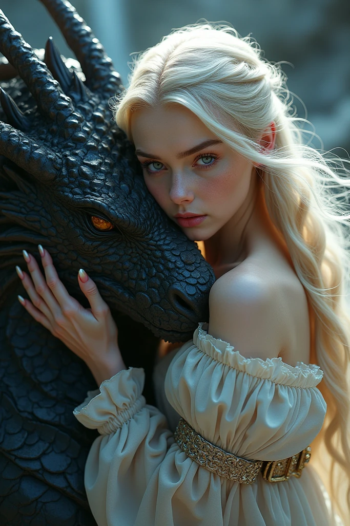 Pretty Blonde Woman with pet black and red dragon