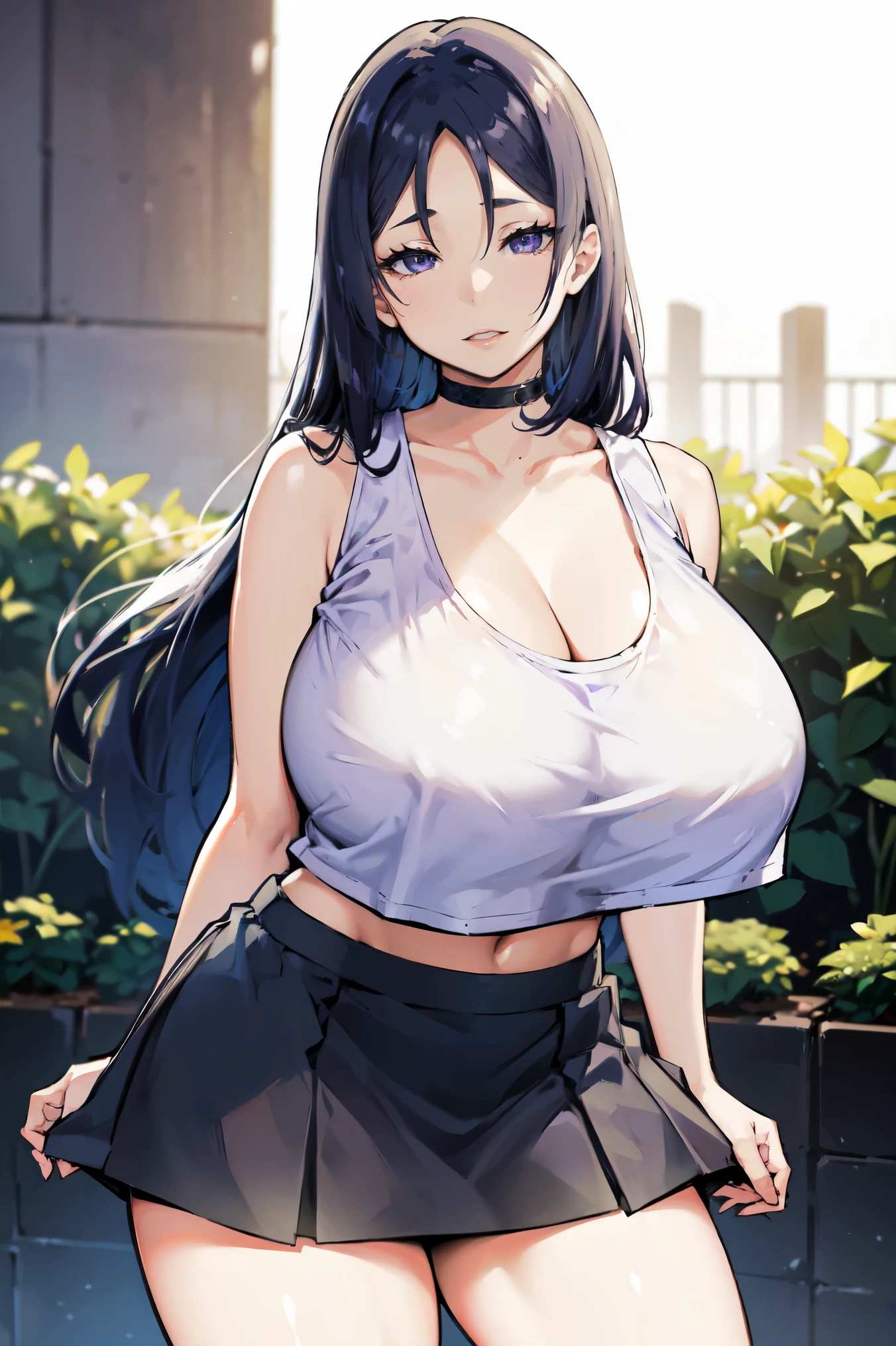 black purple hair, (((very huge  tits)))  , ((white tank top, short skirt, )), thick, ((busty)), purple eyes, upperbody, smile, legs, thigh, flower garden