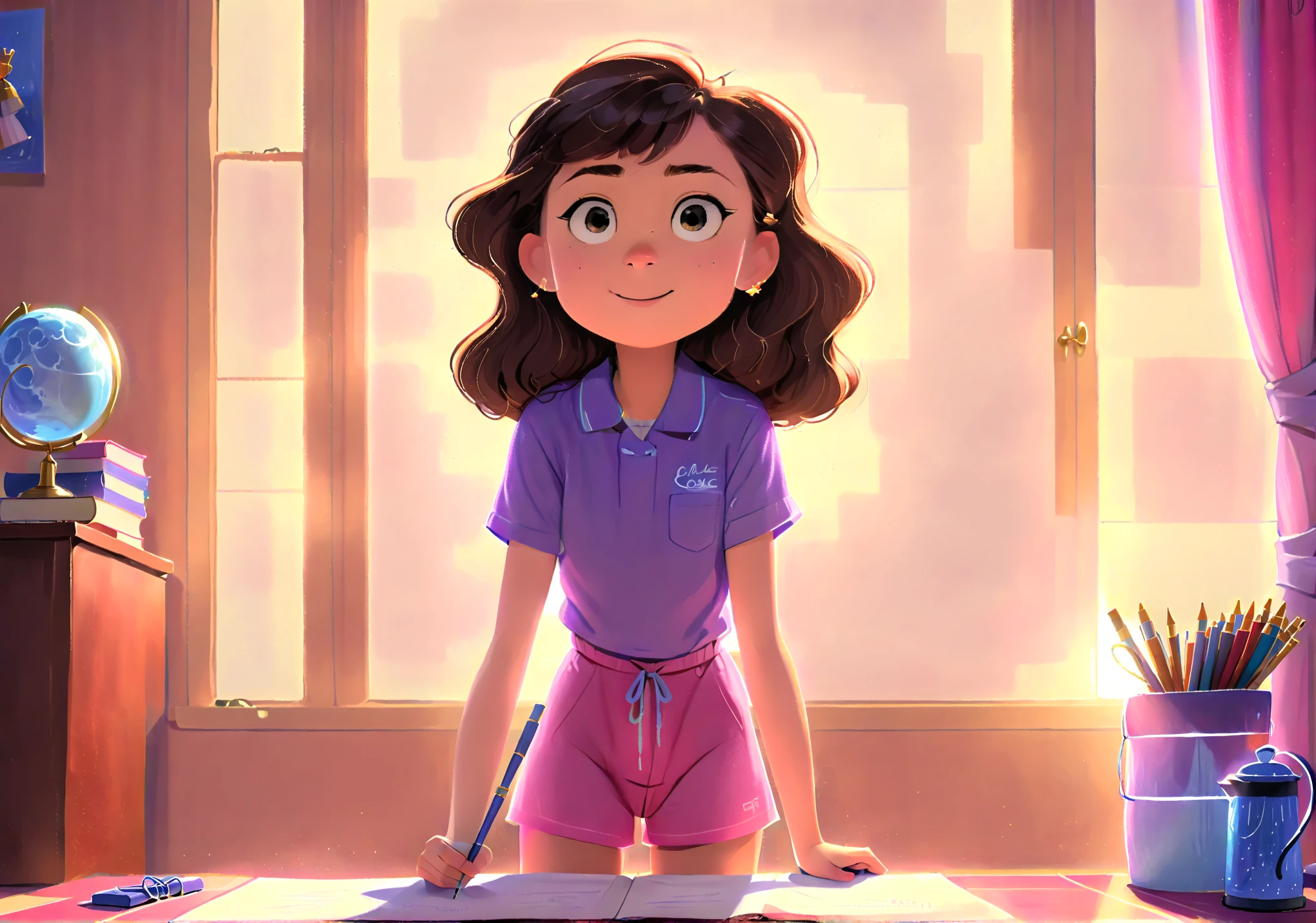 Clara, a small  girl with brown wavy hair, using glasses, she poses like a hero, heroic expression, wearing a towel like a cape, purple shirt, pink shorts and blue boots. Detailed face, intricate details, colorful crayons, cozy indoor setting, beautiful lighting, soft pastel colors, warm tones, cinematic composition, award winning illustration, highly detailed, photorealistic, 8k, masterpiece, professional, award winning, cinematic lighting, soft focus, beautiful composition, consistent character. The illustration should be simple and clean. The style of the illustration resembles a classic ren's book, combining a Disney cartoon and watercolor illustration but with thick lines outlining the image.
