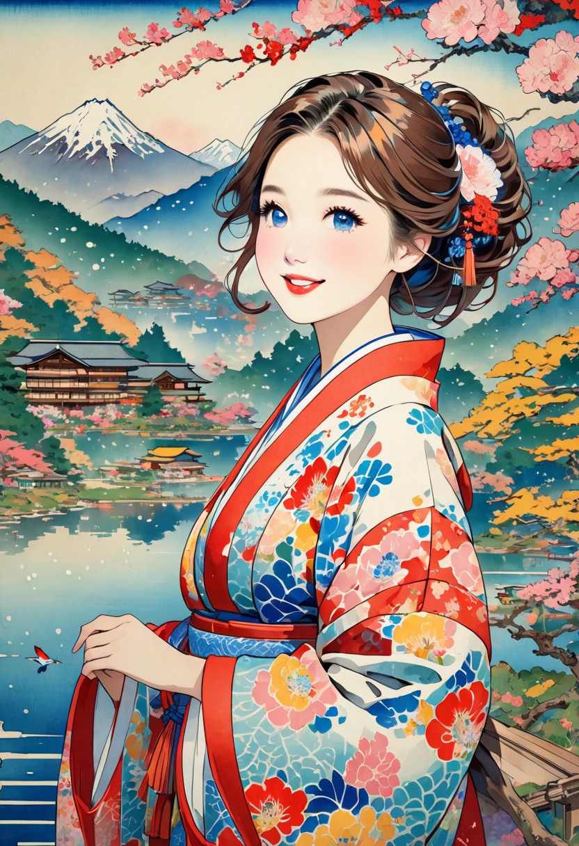 ( best quality, masterpiece,  high definition , 8k),  Young and Beautiful Women ,  cute face,  colorful kimono with bright patterns that reveal the chest, Mid-chest,  beautiful smiling woman ,  beautiful brown eyes ,  Pretty Pink Lips , Long brown hair,  look at me and smile, Mountain, Hotel, lake, blue bird ,  birds are flying, Blue Butterfly, large pine tree branch, Colorful Ukiyo-e style illustrations,  Detailed Illustration Art , 