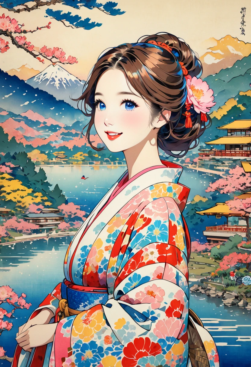 ( best quality, masterpiece,  high definition , 8k),  Young and Beautiful Women ,  cute face,  colorful kimono with bright patterns that reveal the chest, Mid-chest,  beautiful smiling woman ,  beautiful brown eyes ,  Pretty Pink Lips , Long brown hair,  look at me and smile, Mountain, Hotel, lake, blue bird ,  birds are flying, Blue Butterfly, large pine tree branch, Colorful Ukiyo-e style illustrations,  Detailed Illustration Art , 