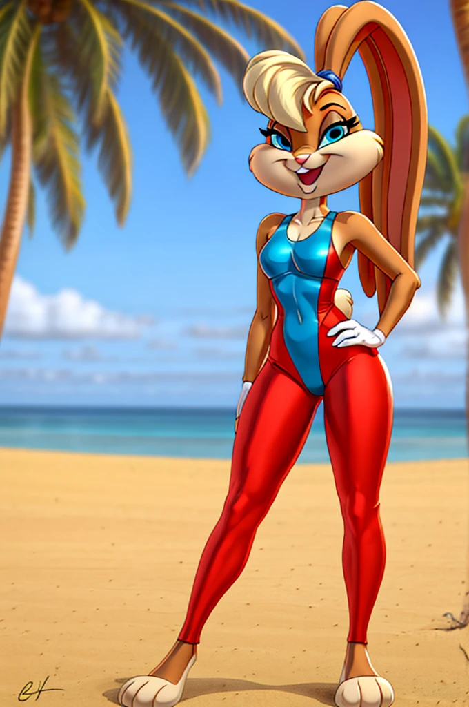 Rabbit is a full-length cartoon girl slim skinny in a red tight lycra swimsuit on the beach with a happy face