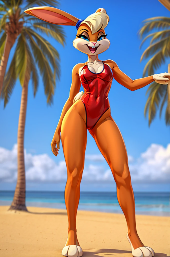 Rabbit is a full-length cartoon girl slim skinny in a red tight lycra swimsuit on the beach with a happy face