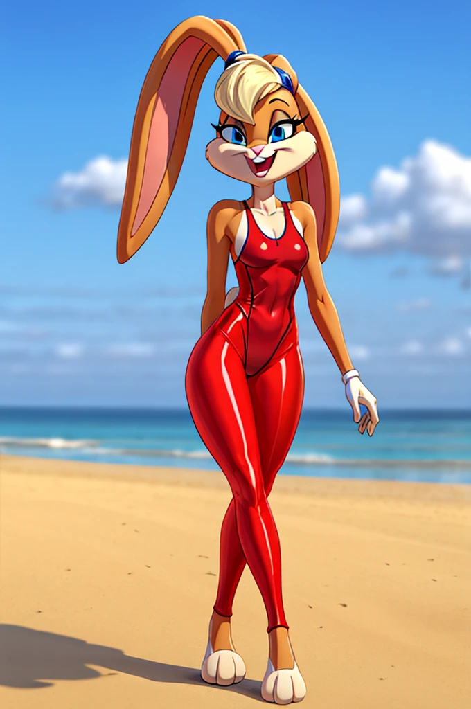 Rabbit is a full-length cartoon girl slim skinny in a red tight lycra swimsuit on the beach with a happy face