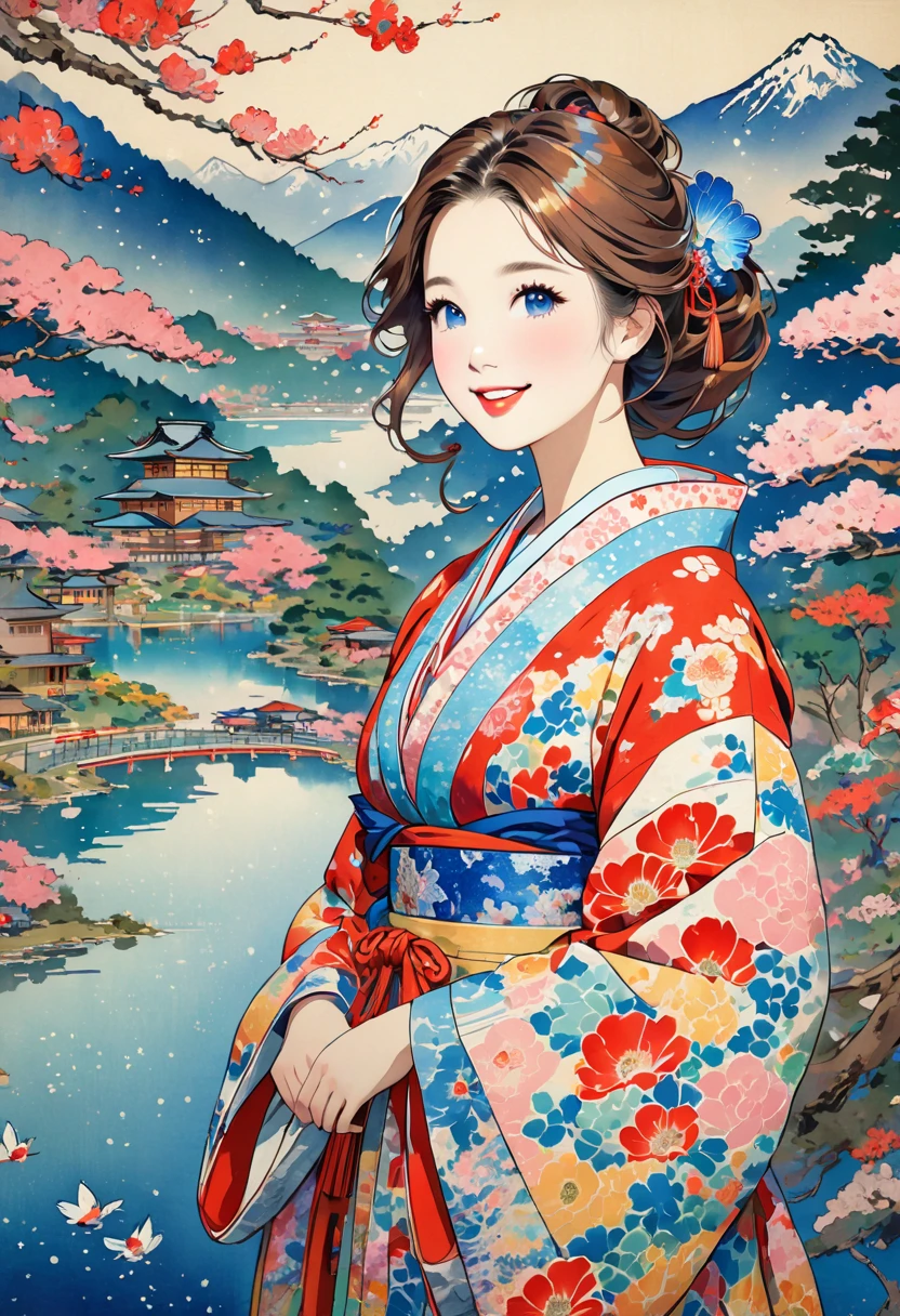 ( best quality, masterpiece,  high definition , 8k),  Young and Beautiful Women ,  cute face,  colorful kimono with bright patterns that reveal the chest, Mid-chest,  beautiful smiling woman ,  beautiful brown eyes ,  Pretty Pink Lips , Long brown hair,  look at me and smile, Mountain, Hotel, lake, blue bird ,  birds are flying, Blue Butterfly, large pine tree branch, Colorful Ukiyo-e style illustrations,  Detailed Illustration Art , 