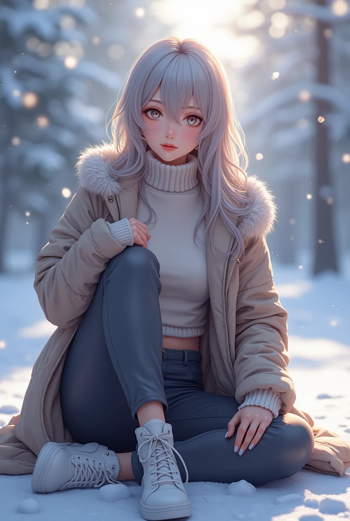 ((white hair)), red eyes, freckles on nose, best quality, realistic, highres:1.2), cozy atmosphere, gyaru, pastel colors, warm lighting, soft snowflakes, playful expression, rosy cheeks, fluffy earmuffs, mittens, snow-covered trees, winter wonderland, cute boots, happy mood, adorable pose, big , pink coat, ((pouty lips)), big lips, perfect lips, egirl, anime