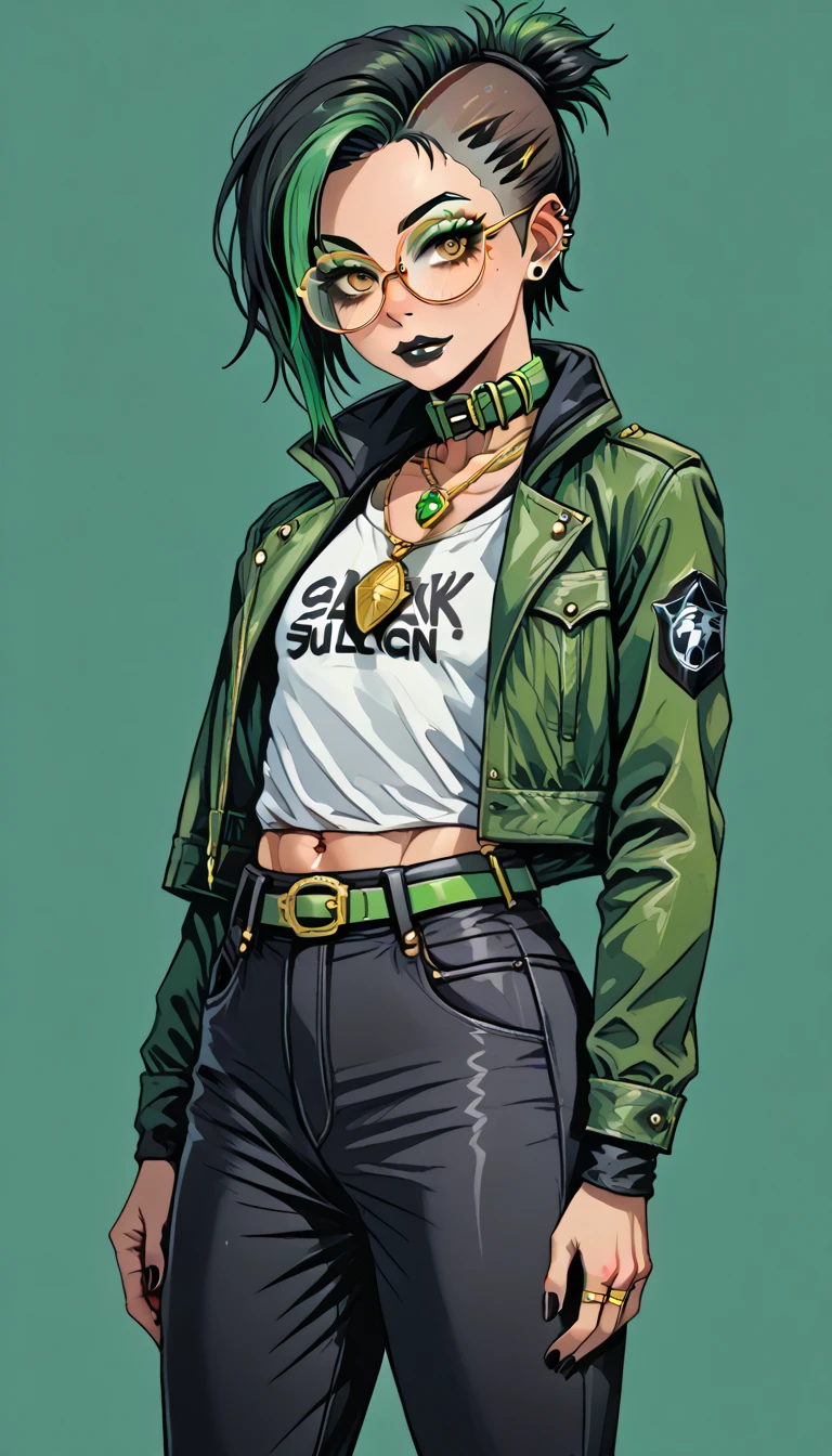 1boy;Androgynous;black punk undercut hair;gold eyes;freckled skin;toned,athletic body;black lip gloss;black eyeliner;green eyeshadow;sharp black nails;round glasses;black tight full shirt;black cargo pants;green belt;Green distressed Canvas Jacket;Combat Boots;amber pendant;green collar;pierced ears;
