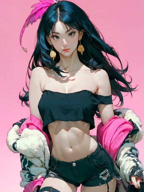 1 Girl, Thick Legs, (Black tube top:1.4),   black highleg micro thong  , (Muscle Abs:0.6), Thigh strap,  detailed facial ,  looking at the audience , (wing ornament, detailed pink feather  :1.2), (Long black hair, Middle-parted bangs), (  modern abstract black kintsugi background), speaker,  huge breasts ,