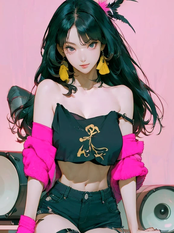 1 Girl, Thick Legs, (Black tube top:1.4),   black highleg micro thong  , (Muscle Abs:0.6), Thigh strap,  detailed facial ,  looking at the audience , (wing ornament, detailed pink feather  :1.2), (Long black hair, Middle-parted bangs), (  modern abstract black kintsugi background), speaker,  huge breasts ,