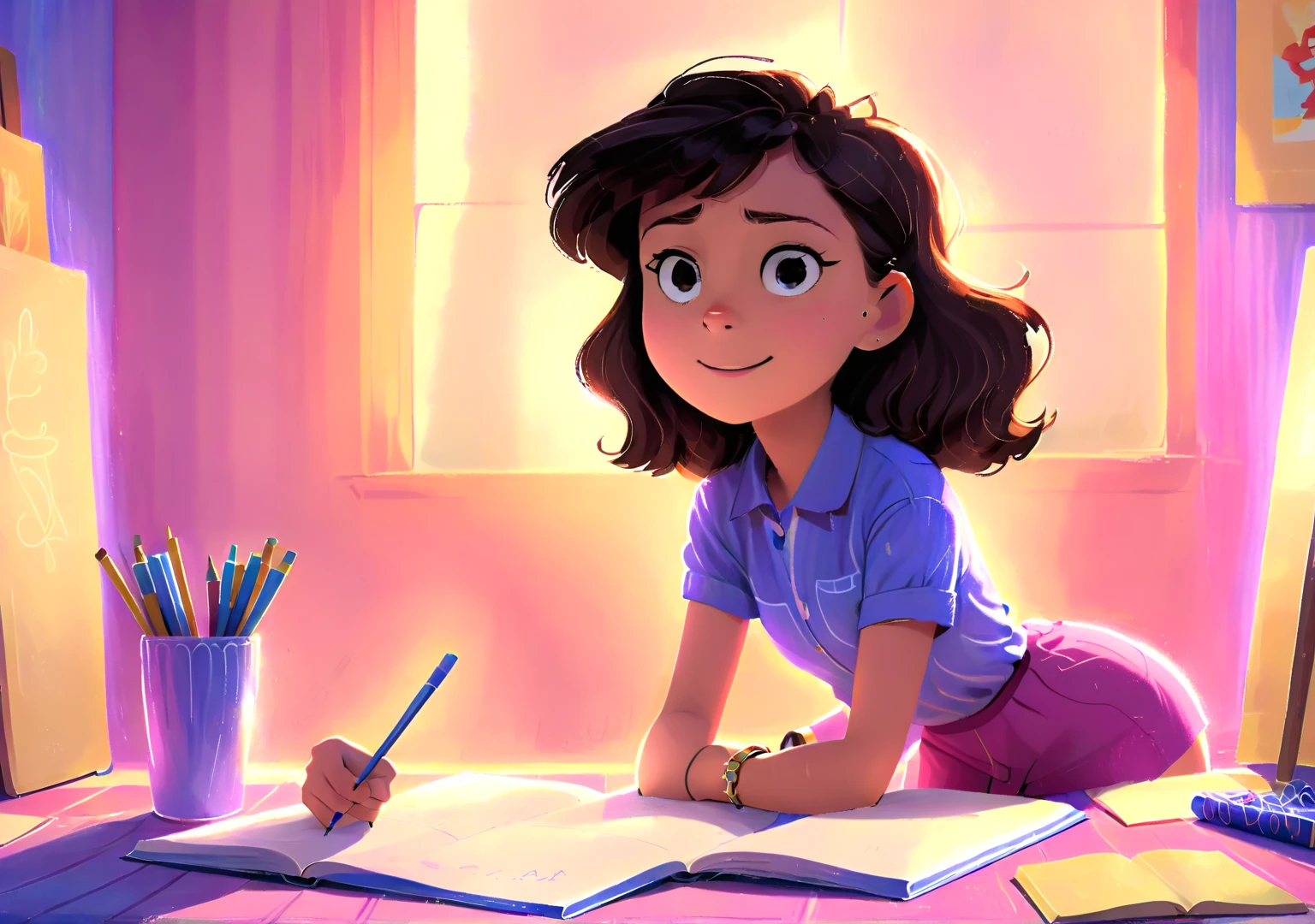 Clara, a small  girl with brown wavy hair, using glasses, she poses like a hero, heroic expression, purple shirt, pink shorts and blue boots. Detailed face, intricate details, colorful crayons, cozy indoor setting, beautiful lighting, soft pastel colors, warm tones, cinematic composition, award winning illustration, highly detailed, photorealistic, 8k, masterpiece, professional, award winning, cinematic lighting, soft focus, beautiful composition, consistent character. The illustration should be simple and clean. The style of the illustration resembles a classic ren's book, combining a Disney cartoon and watercolor illustration but with thick lines outlining the image.