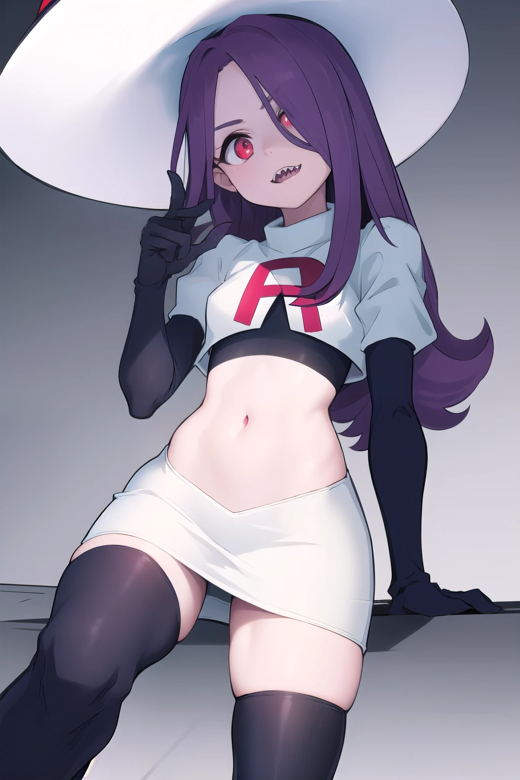 ((best quality)), ((highly detailed)), masterpiece, absurdres, (detailed eyes, deep eyes), (1girl), sucy_manbavaran, purple hair, long hair, hair over one eye, red eyes, makeup, eyeshadow, pale skin, small breasts, (sharp teeth), witch hat, team rocket,team rocket uniform,white skirt,red letter R,crop top,black thigh-highs,black elbow gloves