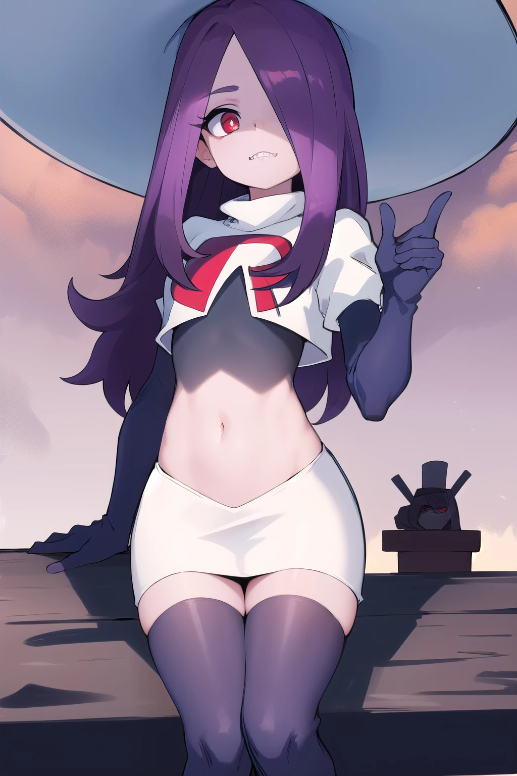 ((best quality)), ((highly detailed)), masterpiece, absurdres, (detailed eyes, deep eyes), (1girl), sucy_manbavaran, purple hair, long hair, hair over one eye, red eyes, makeup, eyeshadow, pale skin, small breasts, (sharp teeth), witch hat, team rocket,team rocket uniform,white skirt,red letter R,crop top,black thigh-highs,black elbow gloves