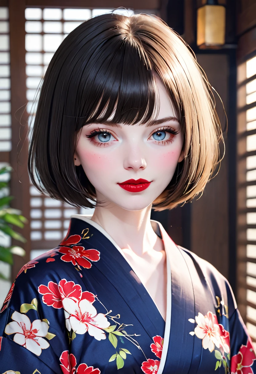 best quality, anatomically correct, throw,  pale skin , Bob cut, sparkling eyes, Red lipstick, Yukata