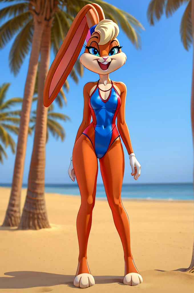 Rabbit is a full-length cartoon girl slim skinny in a red tight lycra swimsuit on the beach with a happy face