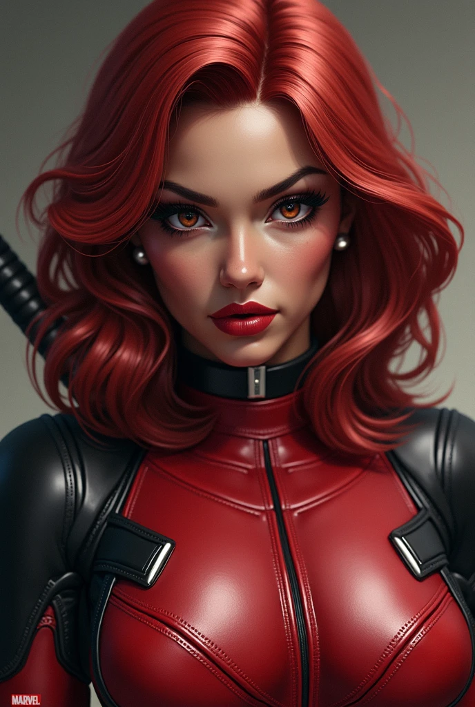 1girl, (red hair), solo, short hair, gold eyes, multicolored hair, twin_low_braids, blonde braids, looking at viewer, black gloves, red hair, red background, streaked hair, red lips, muscular, (dark skin),  hair covering one eye ,red theme,bad-girl, large breasts,shiny skin,(mature female), cowboy shot