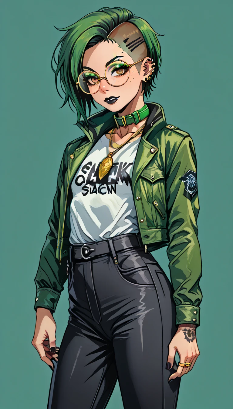 1boy;Androgynous;deep dark brown punk undercut hair;gold eyes;freckled skin;toned,athletic body;black lip gloss;black eyeliner;green eyeshadow;sharp black nails;round glasses;black tight full shirt;black cargo pants;green belt;Green distressed Canvas Jacket;Combat Boots;amber pendant;green collar;pierced ears;
