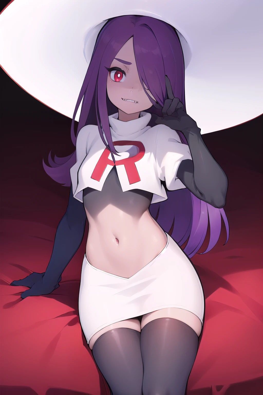 ((best quality)), ((highly detailed)), masterpiece, absurdres, (detailed eyes, deep eyes), (1girl), sucy_manbavaran, purple hair, long hair, hair over one eye, red eyes, makeup, eyeshadow, pale skin, small breasts, (sharp teeth), witch hat, team rocket,team rocket uniform,white skirt,red letter R,crop top,black thigh-highs,black elbow gloves