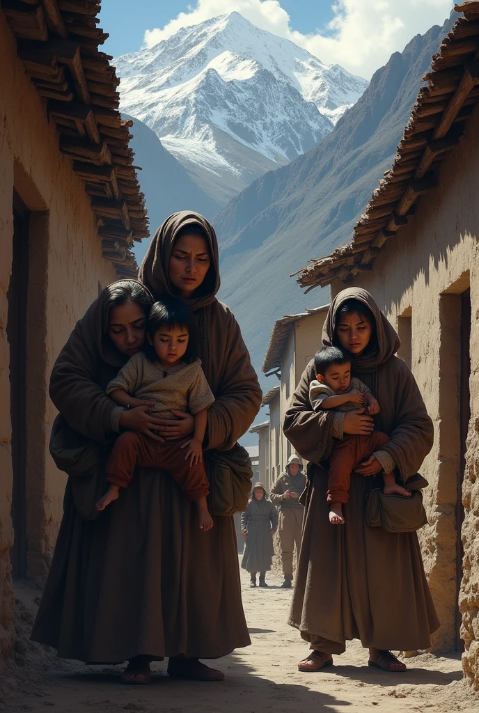 A poor teenage girl and her mother (with wrinkle please) (wearing scarfs) , in front of their village home