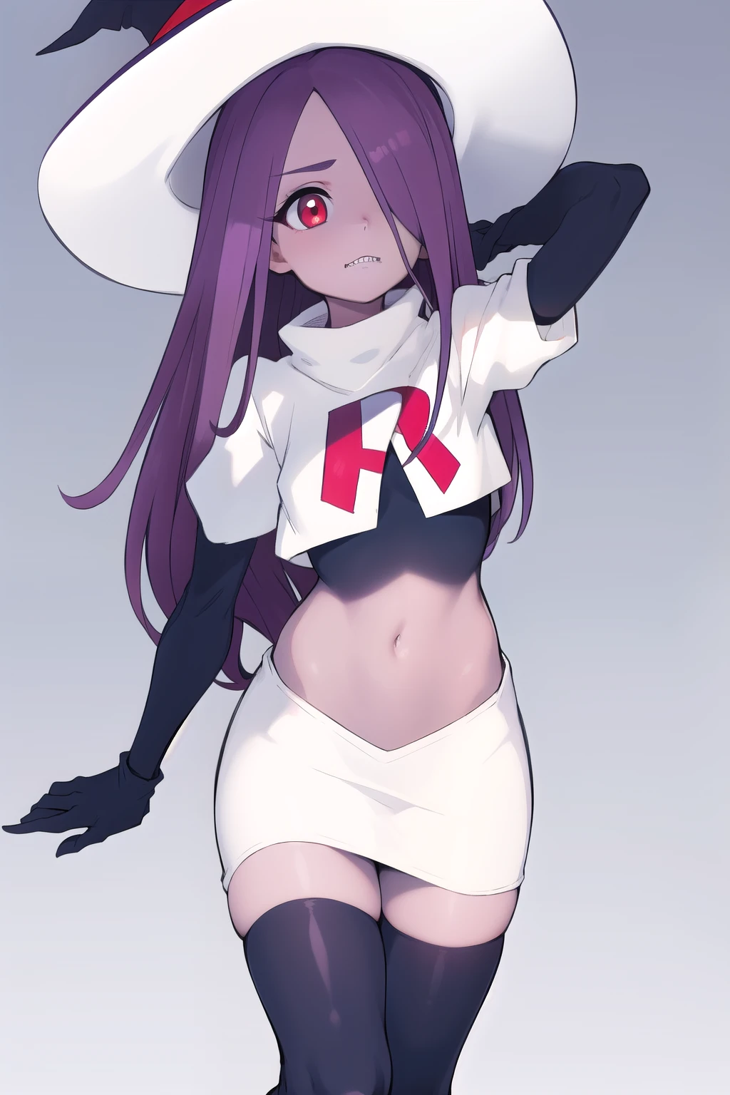 ((best quality)), ((highly detailed)), masterpiece, absurdres, (detailed eyes, deep eyes), (1girl), sucy_manbavaran, purple hair, long hair, hair over one eye, red eyes, makeup, eyeshadow, pale skin, small breasts, (sharp teeth), witch hat, team rocket,team rocket uniform,white skirt,red letter R,crop top,black thigh-highs,black elbow gloves