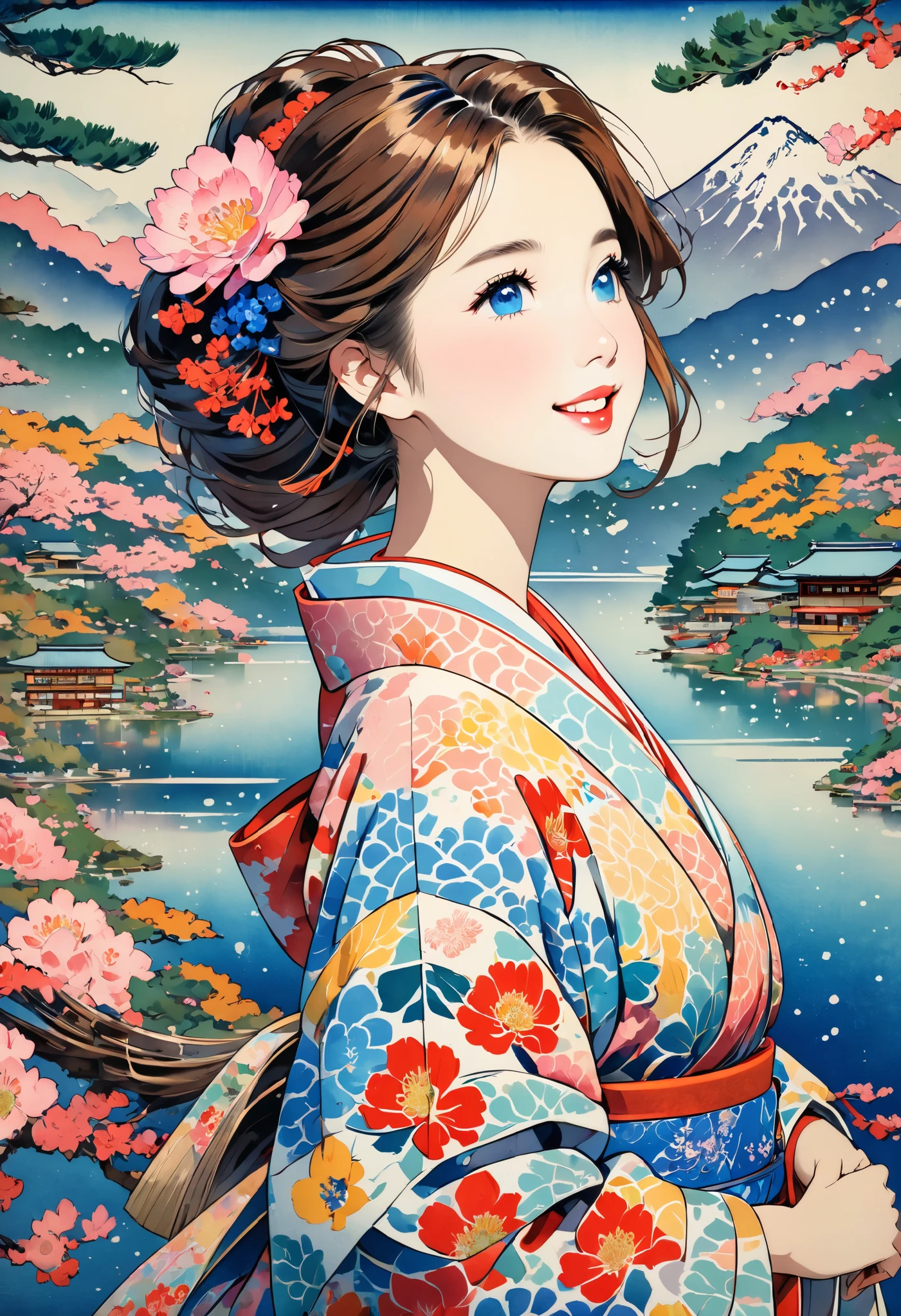 ( best quality, masterpiece,  high definition , 8k),  Young and Beautiful Women ,  cute face,  colorful kimono with bright patterns that reveal the chest, Mid-chest,  beautiful smiling woman ,  beautiful brown eyes ,  Pretty Pink Lips , Long brown hair,  look at me and smile, Mountain, Hotel, lake, blue bird ,  birds are flying, Blue Butterfly, large pine tree branch, Colorful Ukiyo-e style illustrations,  Detailed Illustration Art , 