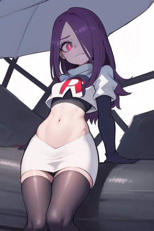 ((best quality)), ((highly detailed)), masterpiece, absurdres, (detailed eyes, deep eyes), (1girl), sucy_manbavaran, purple hair, long hair, hair over one eye, red eyes, makeup, eyeshadow, pale skin, small breasts, (sharp teeth), witch hat, team rocket,team rocket uniform,white skirt,red letter R,crop top,black thigh-highs,black elbow gloves