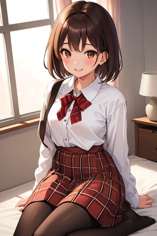 White shirt with ribbon showing nipples、She rolls up her red and white checkered miniskirt so that her cute white lingerie is completely visible.、barefoot