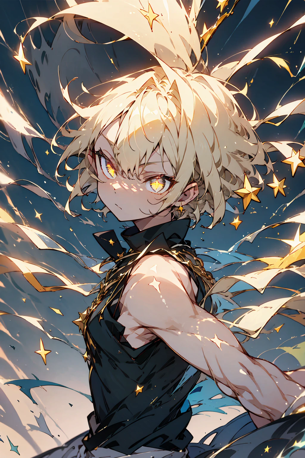 1male, Spikey Hair, Gold Hair, Star Eyes, Black Sleeveless shirt, White baggy pants, Night Time, Cocky Expression