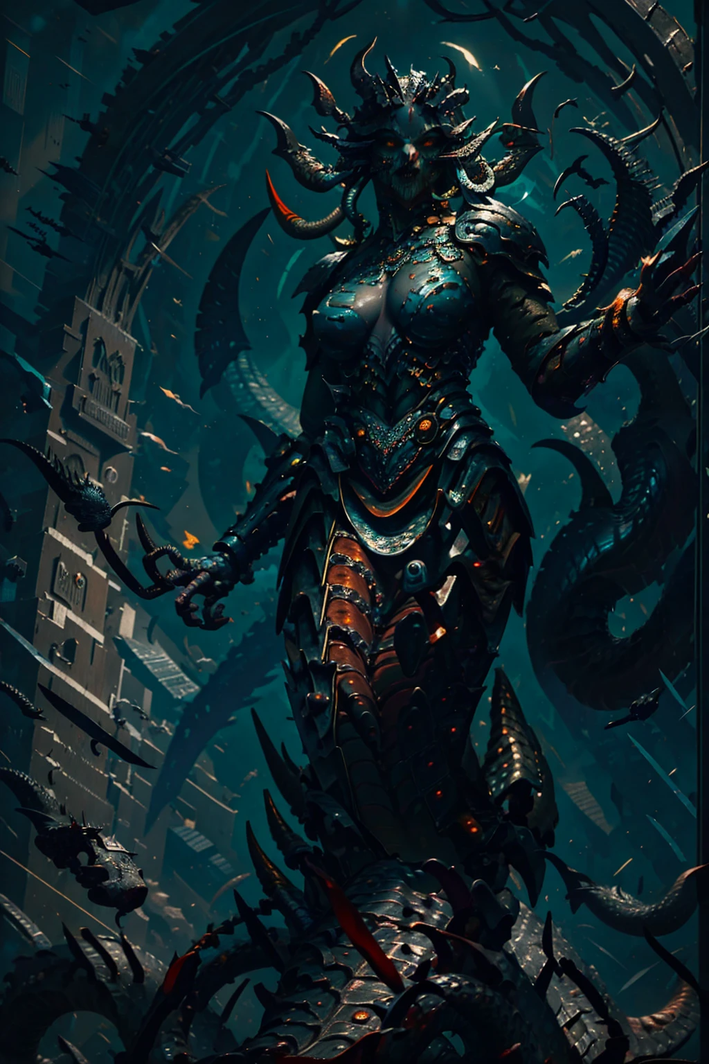 A close-up photograph captures the terrifying spectacle of a female alien creature, Its otherworldly beauty is combined with an aura of sensuality, which seduces and repels at the same time, How Its Terrifying Presence Evokes Fear and Terror Deep Inside the Core; with a monstrous mouth, Complete series of grotesques, sharp teeth, That, seem, Challenge any known anatomy, And his mysterious costume adds mystery, further concealment of its true nature; Her expression contorts with rage, when she unleashes a devastating attack on a defenseless space station, His piercing gaze is fixed on you, His eyes burn with anger, from which goosebumps run down the spine and cause an indescribable feeling of fear and horror, Hyper-detailed ultra charado), intrikate, Ultrarealist, dynamic, Smooth, sharp-focus, illustartion, 8K