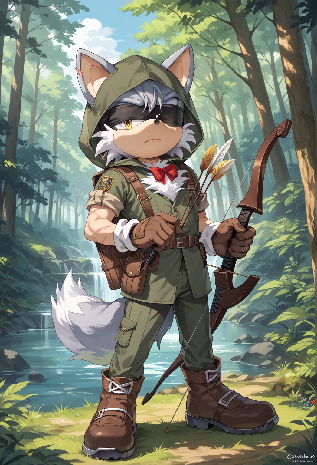 Male Wolf, ((Sonic character oc )), Male adult, ( silver fur in all body ), ( light gray inner ears ), (Alone), ( Short and messy hair ), forest, scar near the left eye that crosses the left eye diagonally, bow and quiver, con un hunter bow , Archery, wears a hood, brown gloves with cut toes and boots, yellow Eyes, Day time, ((mobian)), moebius forest, ranger clothing, (Fluffy Fur), Large Fluffy Tail, Serious poses, blindfold Over Left eye,