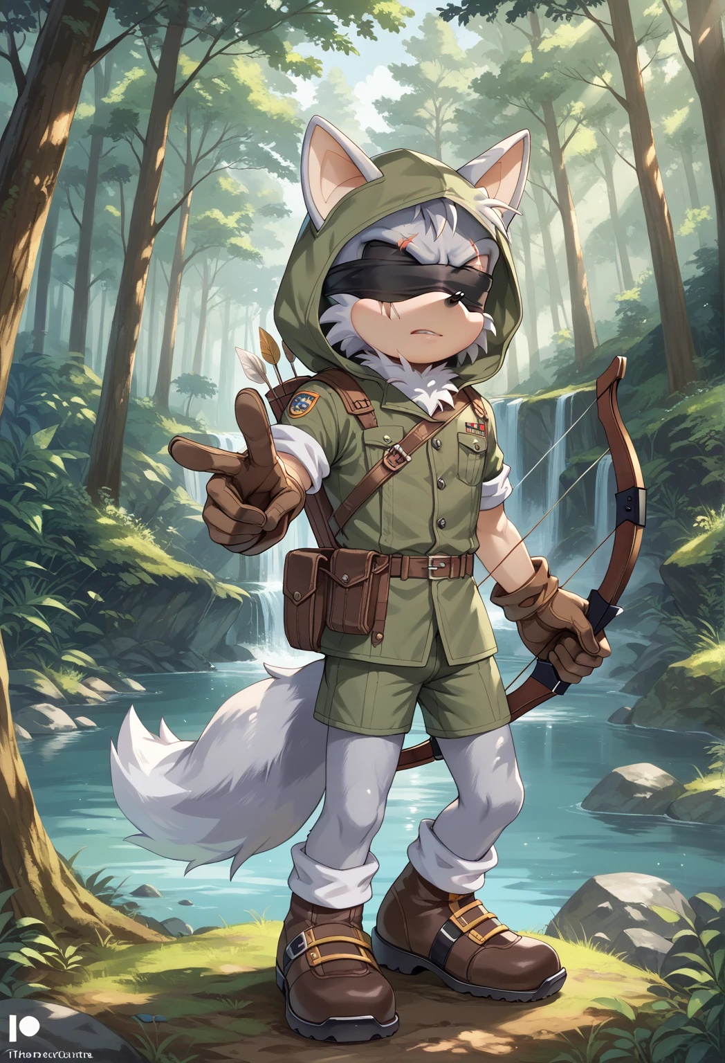 Male Wolf, ((Sonic character oc )), Male adult, ( silver fur in all body ), ( light gray inner ears ), (Alone), ( Short and messy hair ), forest, scar near the left eye that crosses the left eye diagonally, bow and quiver, con un hunter bow , Archery, wears a hood, brown gloves with cut toes and boots, yellow Eyes, Day time, ((mobian)), moebius forest, ranger clothing, (Fluffy Fur), Large Fluffy Tail, Serious poses, blindfold Over Left eye,