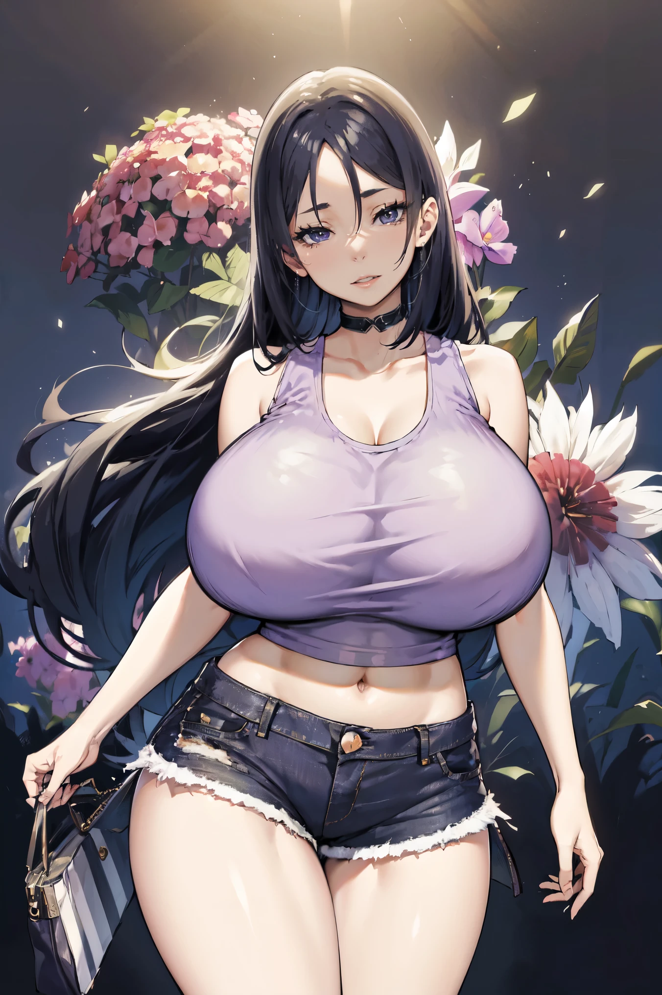 black purple hair, (((very huge tits )))  , ((white tank top, short pants jeans, )), thick, ((busty)), purple eyes, navel, upperbody, smile, legs, thigh, flower garden