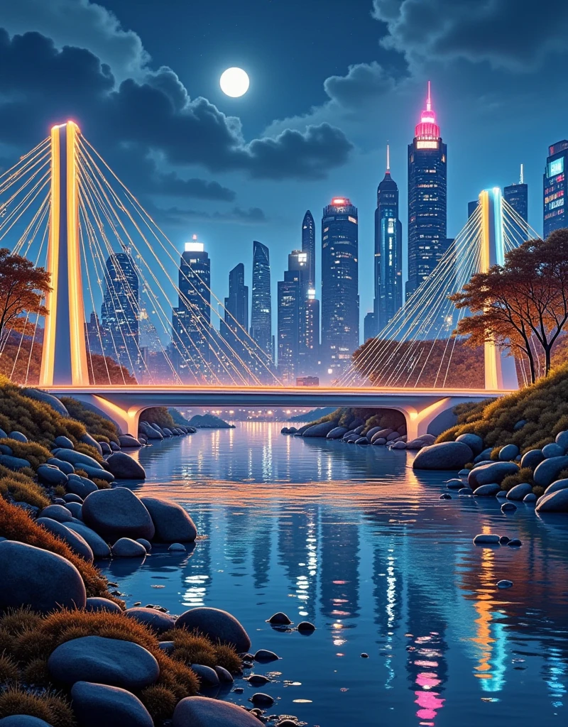 A Masterpiece In 32K Resolution: Supreme Quality, Super Detail, Official Art, Very High-Resolution 32K Wallpaper, Beautiful And Aesthetic, Ultra-Detailed Features, Awe-Inspiring Detail. An Awe-Inspiring Night View Of A Futuristic Cityscape, Featuring A Majestic Bridge Stretching Over A Reflective River. The Skyline Showcases Towering, Sleek Skyscrapers Illuminated By Vibrant Neon Lights, Evoking The Grandeur Of A Futuristic Metropolis. In The Distance, Glowing Megacities Emerge On The Horizon, Adding Depth And Scale To The Scene. The Romantic Evening Atmosphere Is Heightened By The Soft Glow Of The Moon And Shimmering Reflections On The Water. The Urban Design Feels Imaginative And Cutting-Edge, Blending Sleek Architecture With Creative Lighting That Captivates And Surprises, Inspired By The Visionary Style Of Chasbio