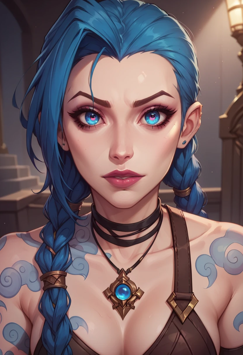 score_9, score_8_up, score_7_up, 1girl, High resolution, Very detailed, perfect lighting, beautiful detailed eyes, ((masterpiece,Best Quality)), absurdities, Alone, Realistic image of Jinx from league of legends arcane, blue tattoos