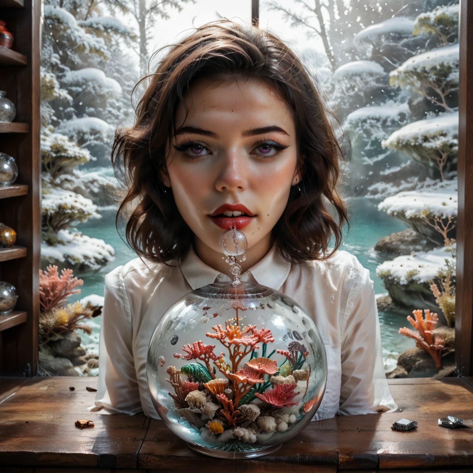 Photorealism, portrait photography,  cinematic portrait,  cinematic photography, cinematography, 8k. UHDR. An extremely attractive young woman who has dark violet eyes and heavy black eyeshadow and black lipstick on is underwater inside of a glass snow globe that has a coral and ocean floor theme. She's sitting there amongst the coral with air bubbles all around her and coming from her nose and mouth. Very realistic looking! The snowglobe sits on an expensive looking base up on a shelf. Attention to detail on the facial features and eyes must face the viewer. Award winning, Masterpiece.