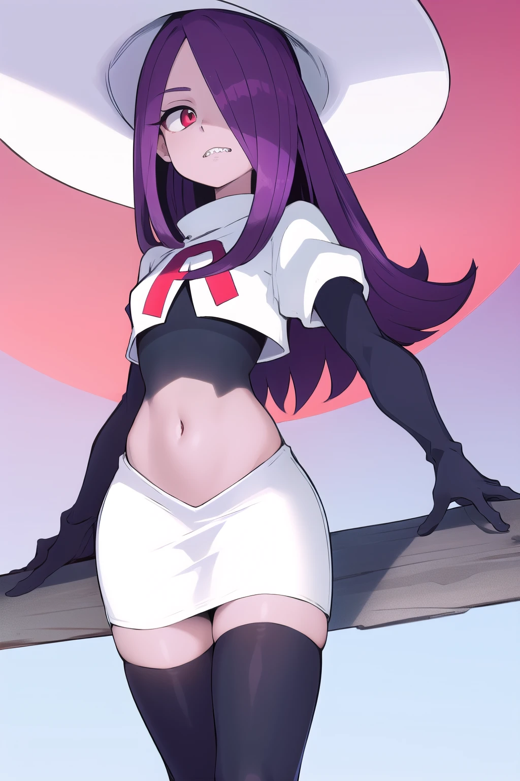 ((best quality)), ((highly detailed)), masterpiece, absurdres, (detailed eyes, deep eyes), (1girl), sucy_manbavaran, purple hair, long hair, hair over one eye, red eyes, makeup, eyeshadow, pale skin, small breasts, (sharp teeth), witch hat, team rocket,team rocket uniform,white skirt,red letter R,crop top,black thigh-highs,black elbow gloves