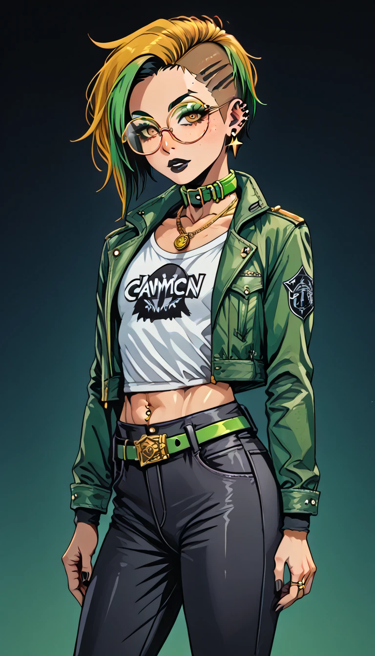 1boy;Androgynous;Mahogany colored hair;punk undercut haircut;gold eyes;freckled skin;toned,athletic body;black lip gloss;black eyeliner;green eyeshadow;sharp black nails;round glasses;black tight full shirt;black cargo pants;green belt;Green Canvas Jacket;Combat Boots;amber pendant;green collar;pierced ears;
